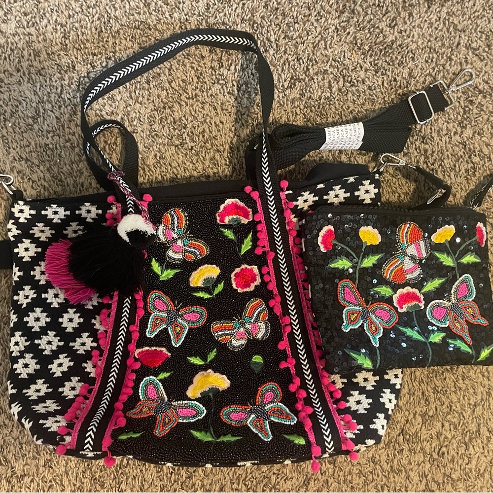 America & Beyond Butterfly Tote and Pouch Set NWOT